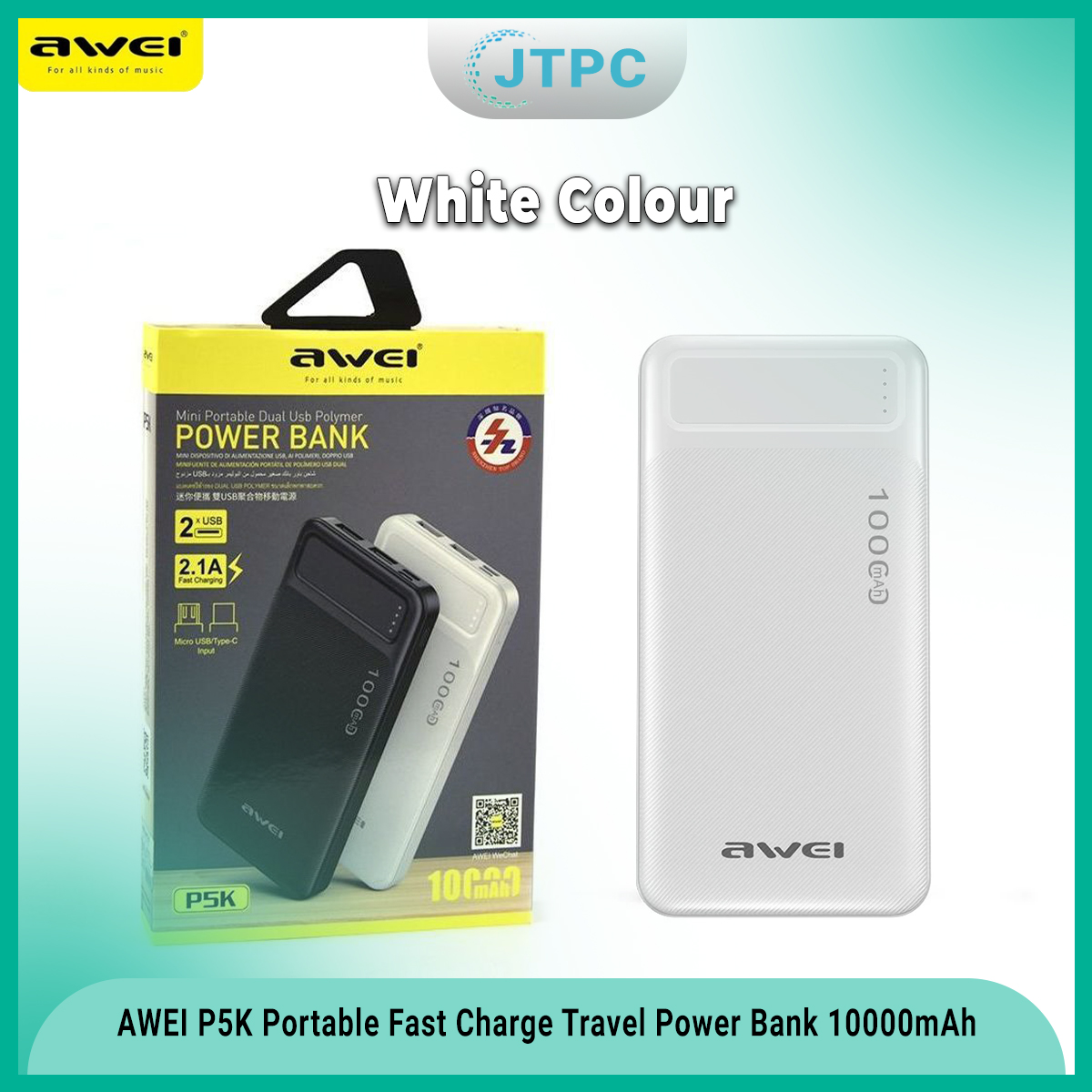 AWEI P5K Portable Power Bank 10000mAh Power bank Dual USB A Type c Micro Dual input Fast Charge Travel Powerbank For Mobile Phone. 