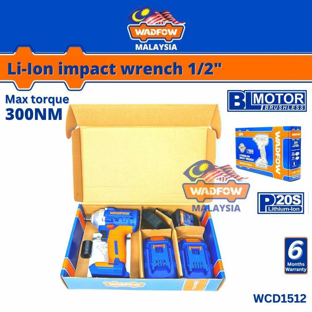 WADFOW Cordless Impact Wrench, Brushless Motor, 300 Nm, Impact Wrench, 3300 bpm, LED Light, Forward & Reverse, Cordless torque wrench With 2 pcs Batteries, Socket WCD1512. 