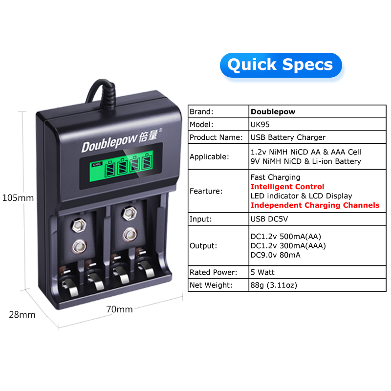 Doublepow UK-95 LED Display Smart Fast Charger with Full Charge Indicator & USB Portable Plug Connector for 1.2V  AA/AAA Size & 9V Rechargeable Ni-MH/Ni-Cd Battery - 1 Piece. 