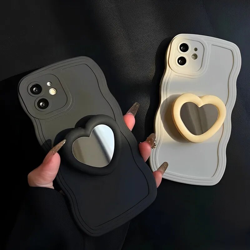 Heart Mirror Holder Wave Phone Case For Samsung Galaxy A04 A03 Core A02 A01 A04S A03S A02S A04E A21S A52S A30 A20 A10 Soft Cover. 