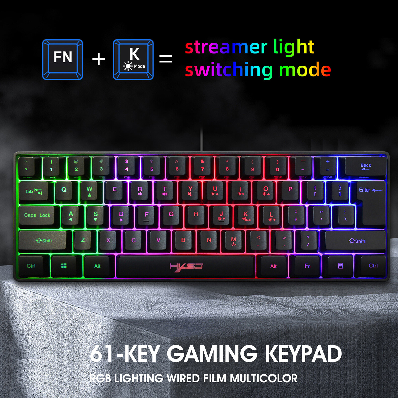 HXSJ V700 Wired Gaming Keyboard RGB Streamer Wired 61-key Gaming Keyboard for Game Office Black. 