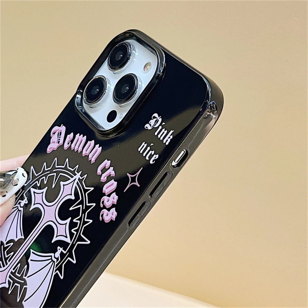 Y2k Korean Cute Pink Wings Case For iPhone 15 14 13 12 11 Pro Max Mini X XR 7 8 Plus SE Glossy Shockproof Soft Black TPU Cover. 