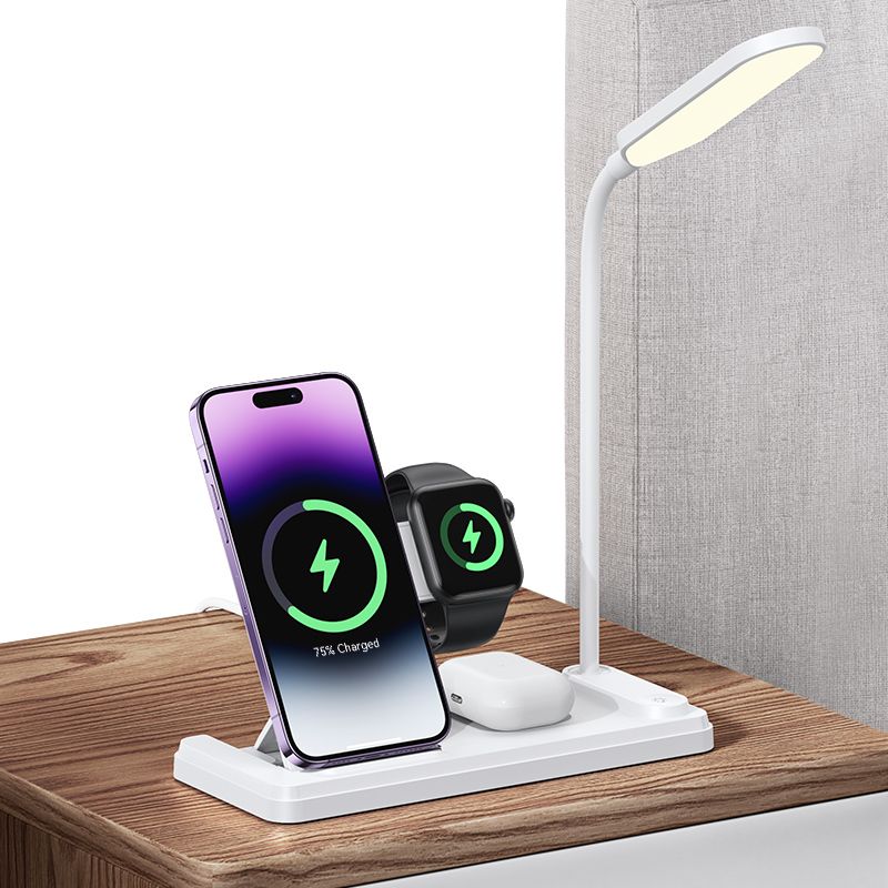 Usams US-CD195 15W 4in1 Wireless Charging Holder with Table Lamp - White