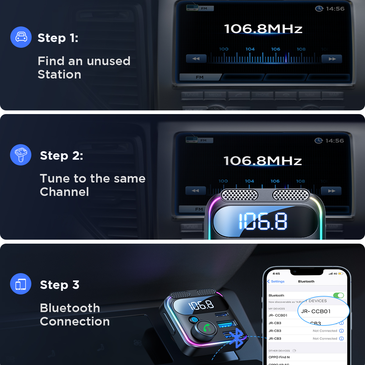 JOYROOM Bluetooth 5.3 FM Transmitter for Car 48W PD QC3.0 Car Charger Adapter Bluetooth U Disk,Dual Mics,Hands-Free Calling. 