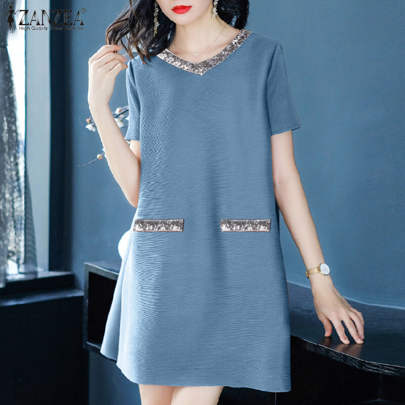 ZANZEA Korean Style Womens Causal Short Sleeve V Neck Mini Dress Fashion  Party Shift Dress NEW #11 | Daraz.com.bd