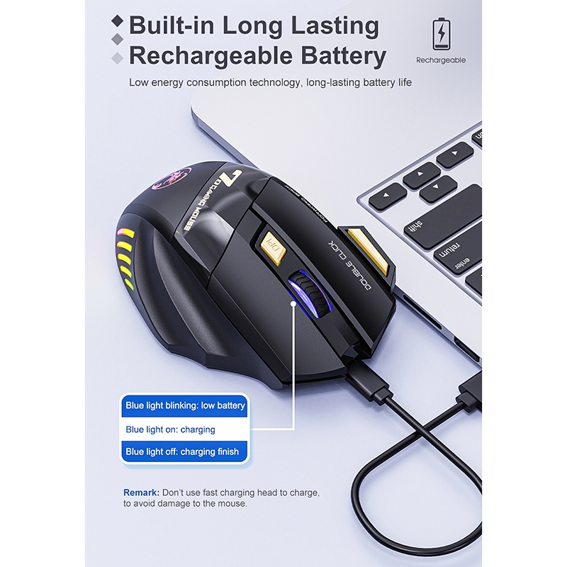 iMICE GW-X7 7-button Silent Rechargeable Wireless Gaming Mouse with Colorful RGB Lights. 