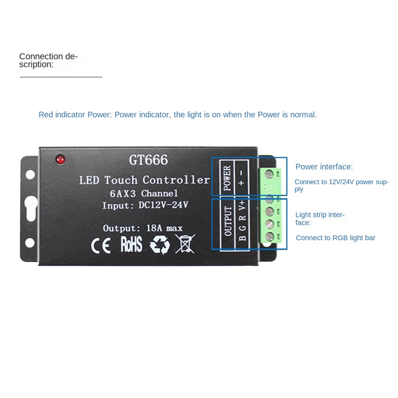 GT666 RGB LED LED Strip Controller Wireless RF Touch Remote DC 12V 24V 18A 3 Channels Lights Tape Dimmer Switch. 