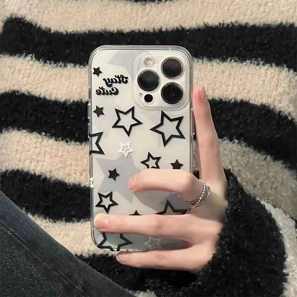 Korean Cute Y2k Star Transparent Phone Case For iPhone 14 13 12 11 Pro Max X XR 7 8 Plus SE 3 Lovely Shockproof Soft Cover Funda. 