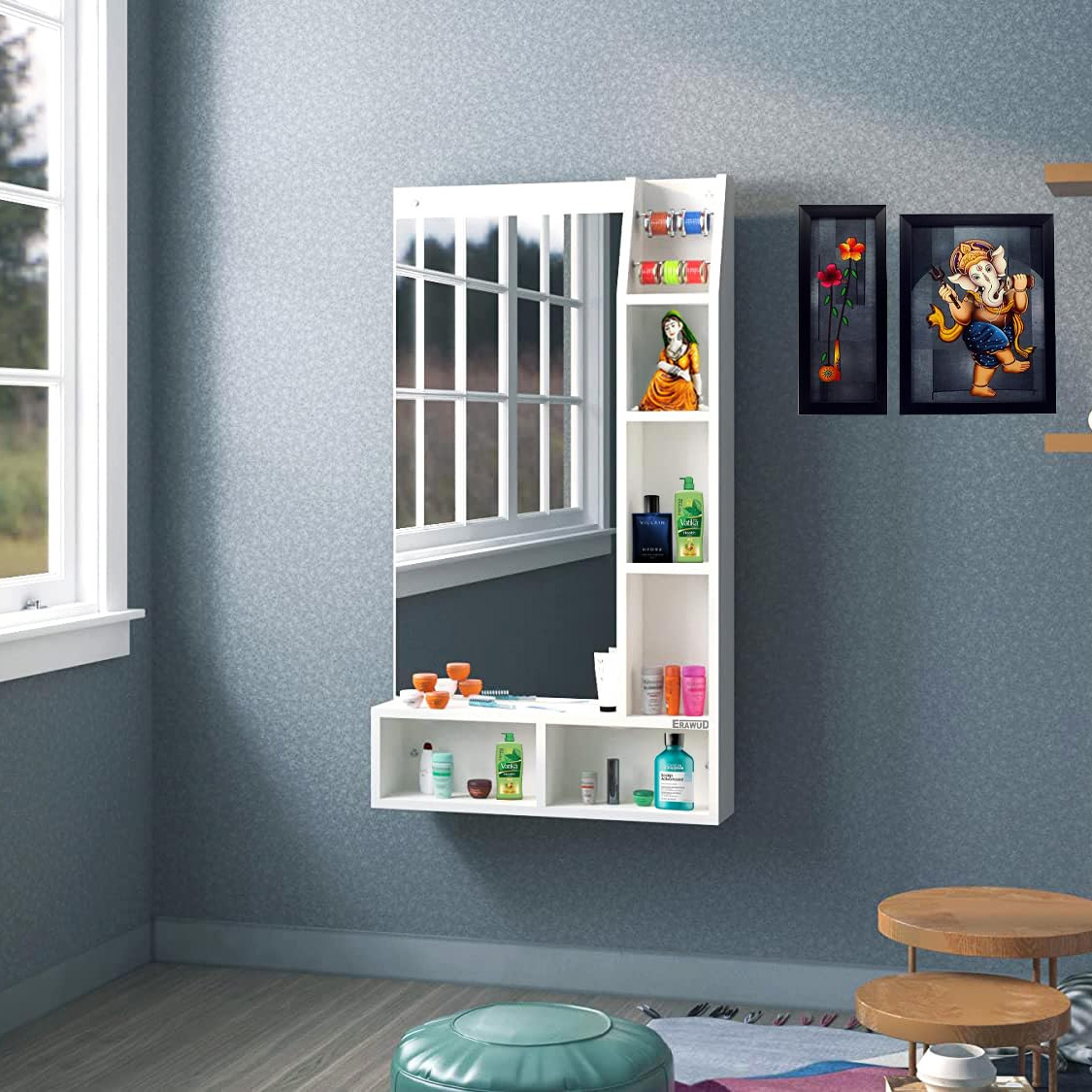 KBN INTERIORS Engineered Wood Melamine Board Matte Finish Rectangular Wall Mount Hanging Dressing Table Mirror with Shelf. 