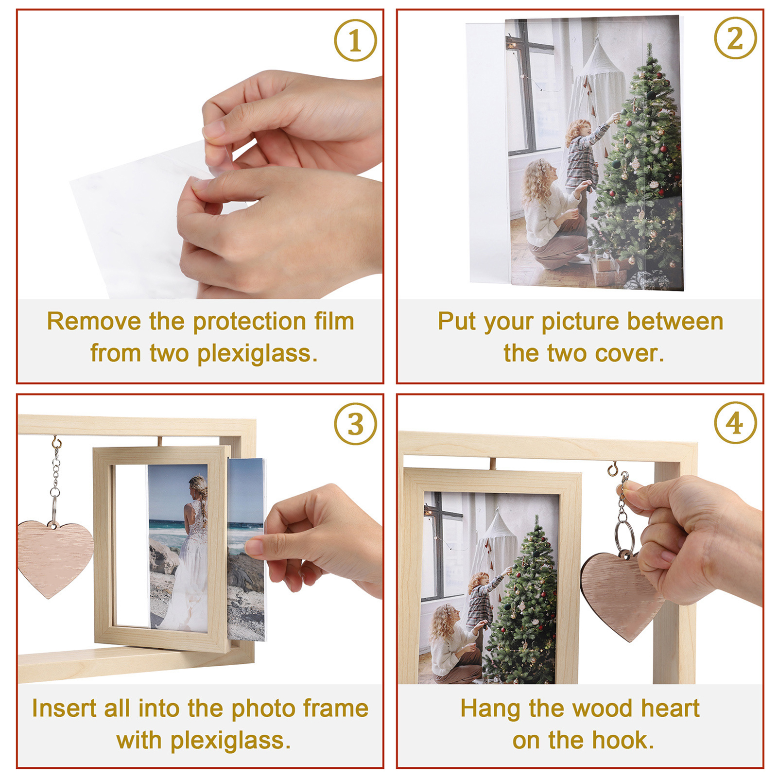 art-shaped Pendant Photo Frame Double Sided Rotating Wooden Picture Frame with Engravable art Pendant Home Decor Double-sided Photo Frame. 