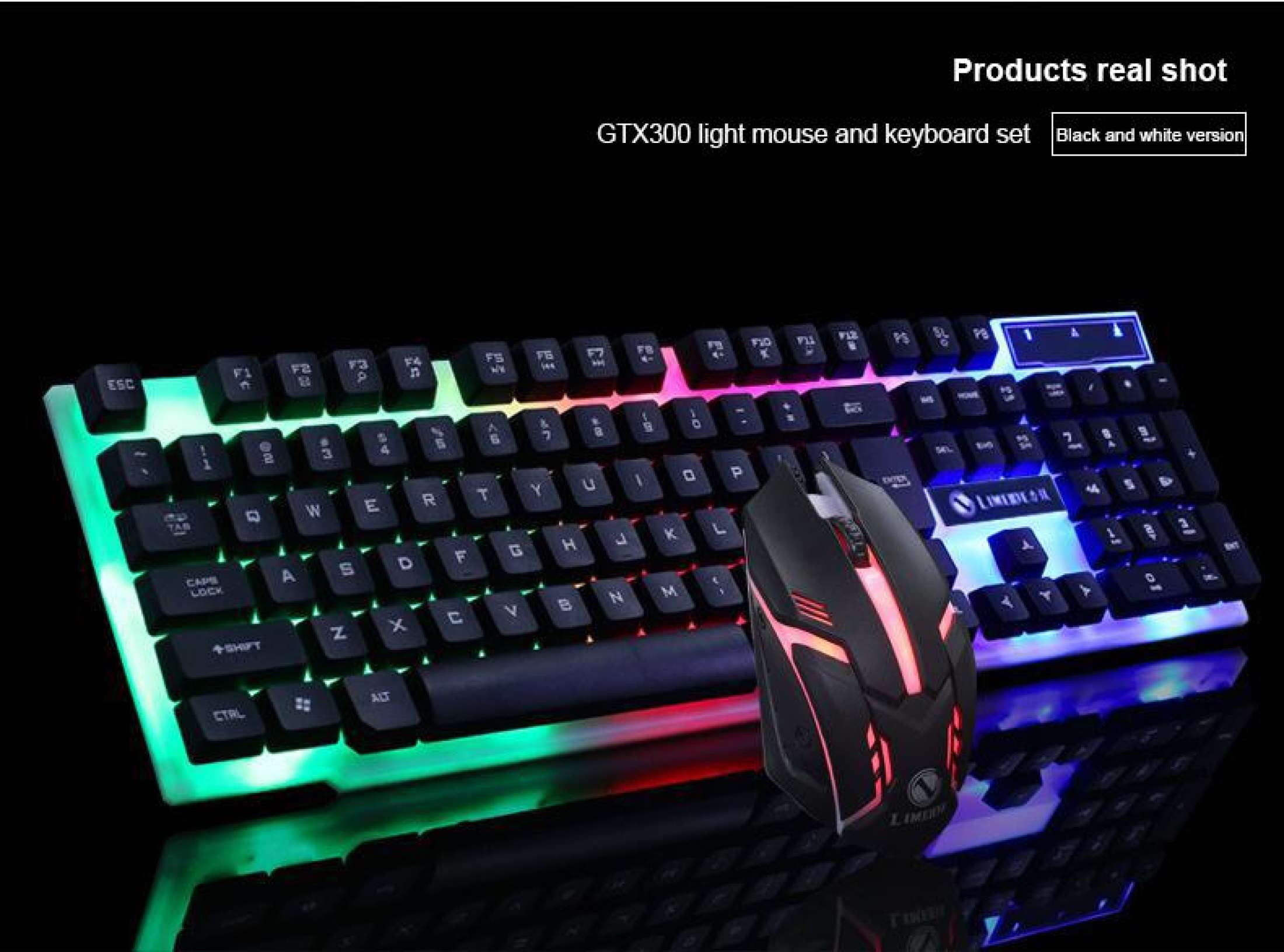 Whole set Limeide GTX300 Colorful LED Backlight Ergonomic Mechanical Gaming keyboard and mouse Bundle Combo Set USB Wired for PC Laptop （black）. 