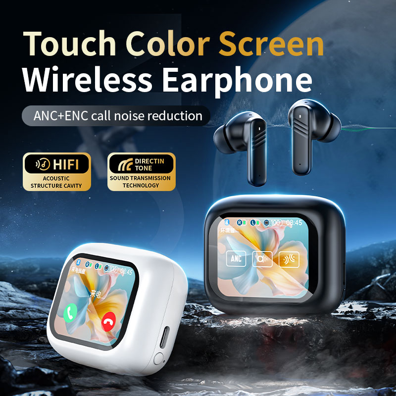 Touch screen Wireless Earbuds-ANC ENC-Long Battery Life-Bluetooth 5.4-AAC acoustic cavity bass-LEC full-color touchscreen-Incoming call alerts-Low latency