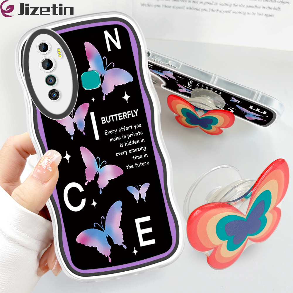 Jizetin for Infinix Hot 9 / X655C Back Cover + Free Pop Socket Colorful Butterfly Soft Wavy Shape TPU Phone Case For Girls Boys