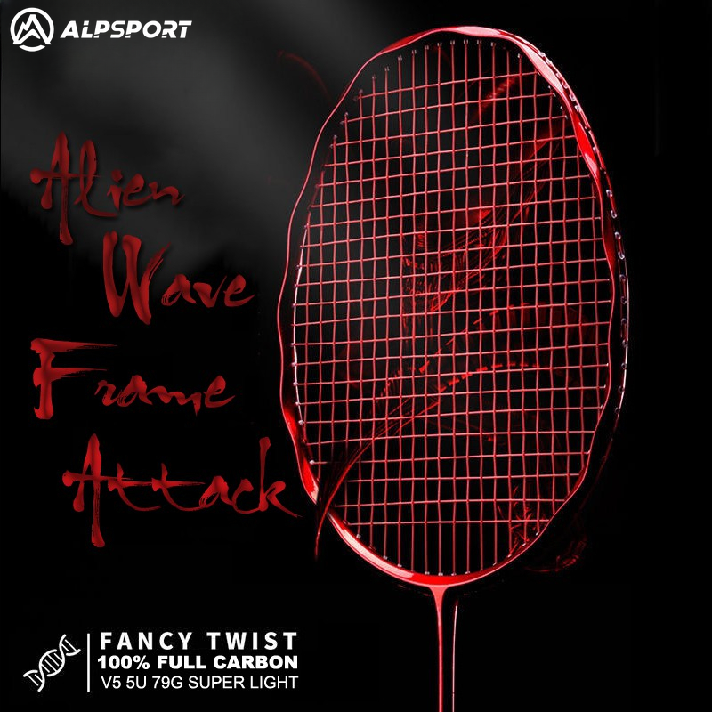 ALP V5 Pro T50 Carbon Fiber Badminton Racket | 5U Ultra-Light (77g) | MXH Shock Absorption + Wave Frame Design | 30LBS High Tension, Offensive 300mm Balance. 