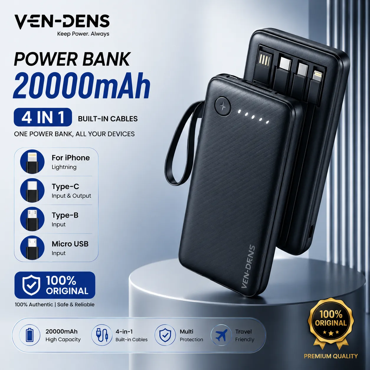 Vendens 20000 and 10000 mah 4 in 1 fast charging power bank (premium quality)