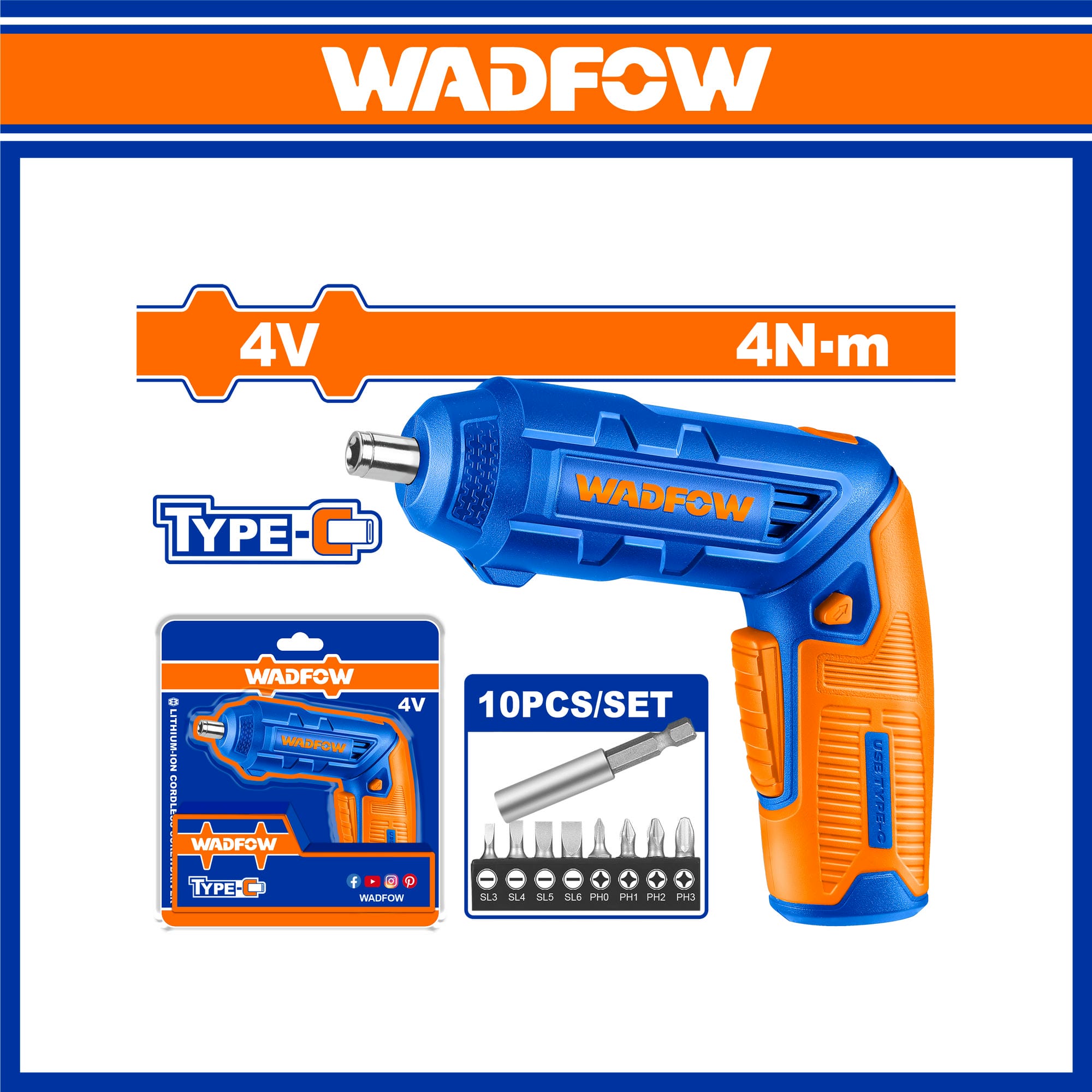 WADFOW Cordless Screwdriver,Rechargeable Power Drill Driver Set, 4N.m Max Torque, 240RPM, Srew Gun for Home Use, with Cr-V Drill Bits WCV4415