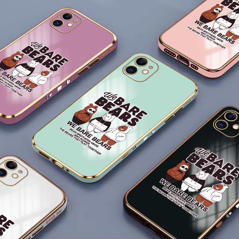 Luxury 6D Plating Case for Samsung A71 Three Little Bears Side Pattern Back Cover Soft Silicone Square Phone Cases + Free Lanyard. 