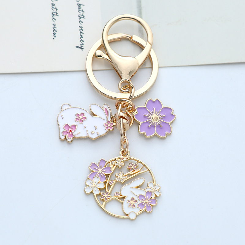 Enamel Finish Rabbit Keychain Decorative Purple Korean Fashion Enamel Keychain Pink 10*4*1cm Cherry Blossom Keychain for Daily. 