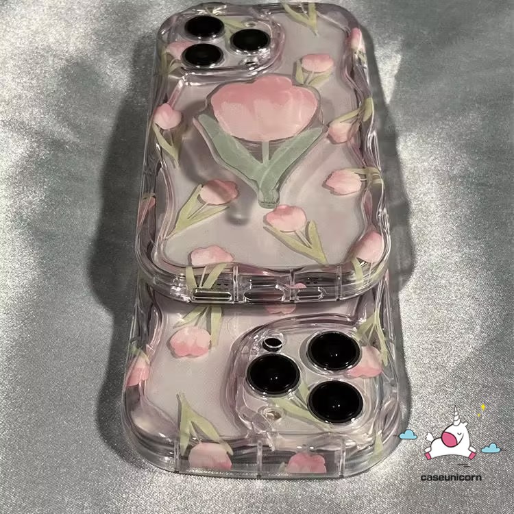 Pink Tulip Flower Stand Holder Iphone Case Compatiable For Realme C35 C55 C11 C25 C25Y C21Y 9i 7i 5i 6i 5 5s C20 C31 C17 C20A C25s C12 C33 C30 C3 C15 C1 C21 3D Wavy Curved Edge Soft Cover. 