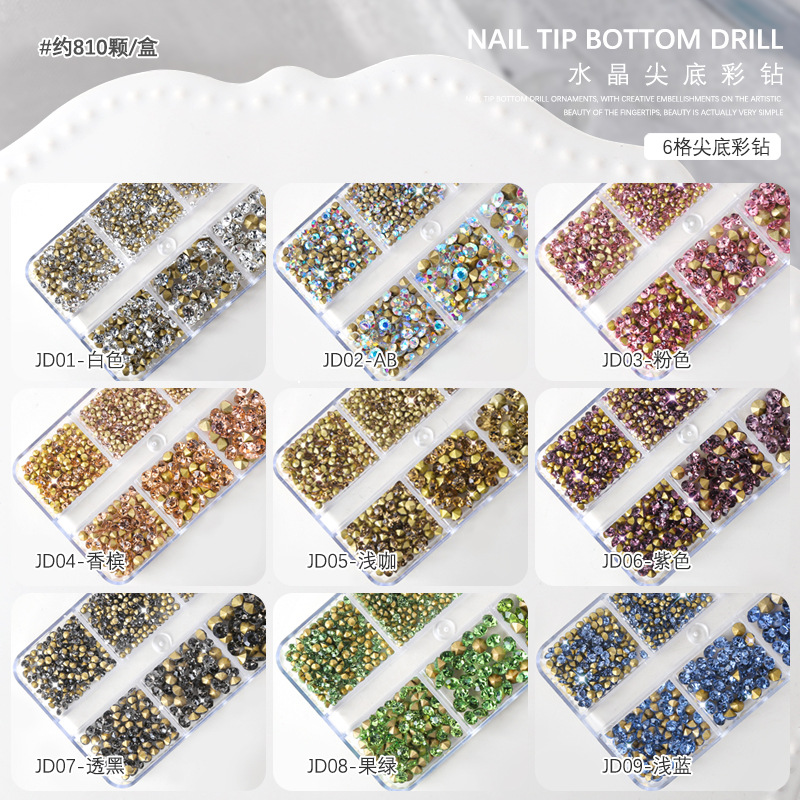 Nail jewelry, white diamonds on gold background, AB colored diamonds, culets, 6 compartments, boxed mixed size, size nails, pointed diamonds. 