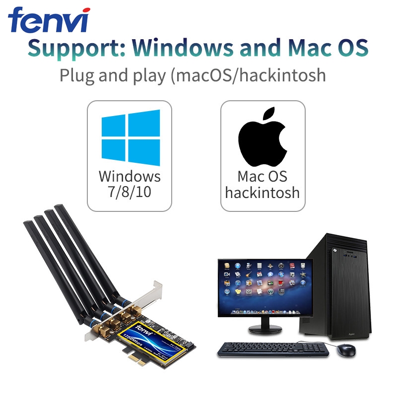 1750Mbps Fenvi T919 PCIe WiFi Card Adapter BCM94360 For MacOS Hackintosh Bluetooth 4.0 802.11ac 2.4G/5GHz Dual Band Desktop PC. 