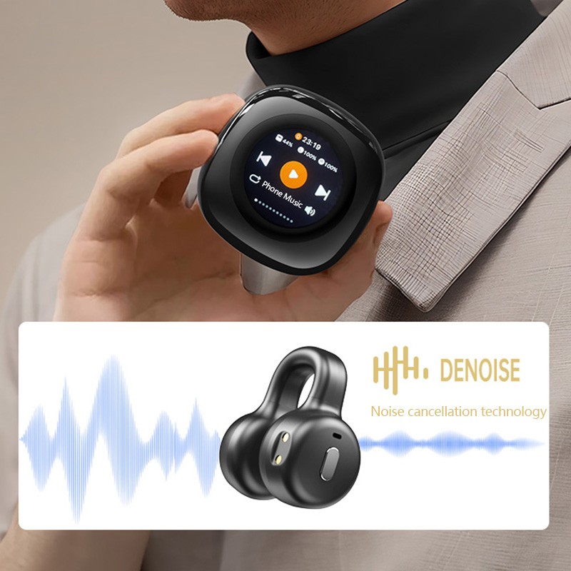 LCD Multifunctional Open Ear Clip On Headphones Built-in 1GB TF Card,Wireless Earbuds Bluetooth 5.4 Sport Earphones with TF Card Slot,2 in 1 MP3 Player Earbud with Charging Case Built-in Touch Control LED ScreeO. 