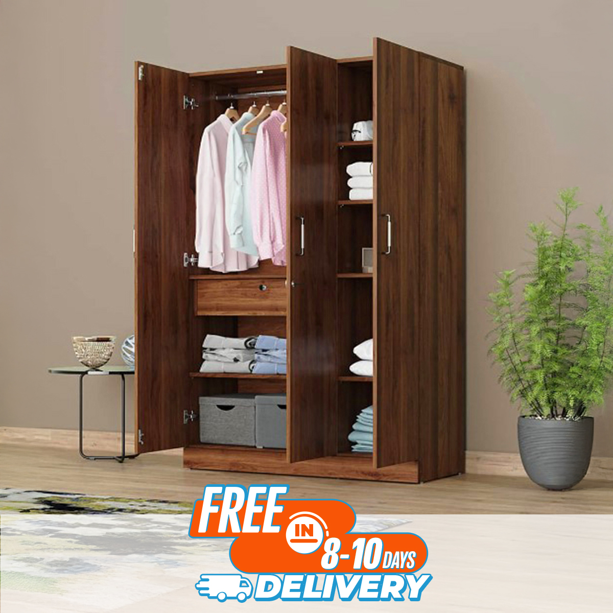 Kath Color Partex MDF Laminated Board 3 Doors Almirah with inner lock drawer, Clothe storage hanger shelf by Nice Shop 3 part Almirah 72/48