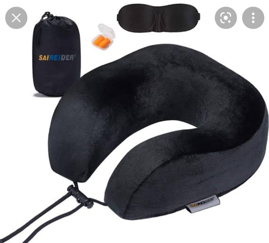 Adjustable Memory Foam Made Portable Travel Pillow, Eyemask, Earplucks. 
