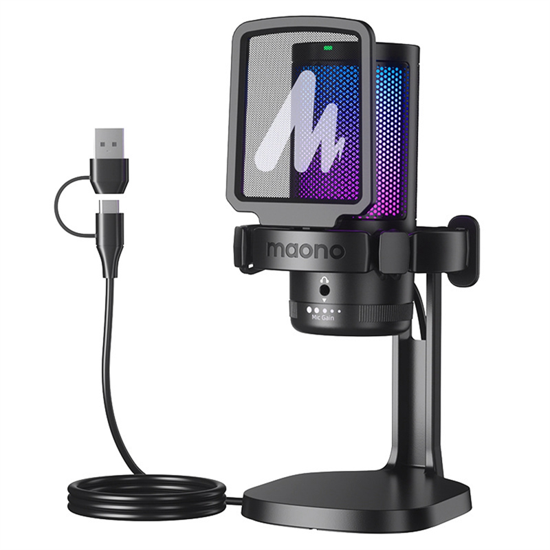 DGM20 USB Microphone RGB Condenser Mic Gaming Microphone with Noise Reduction Software for Game Live Recording Black 1 Piece