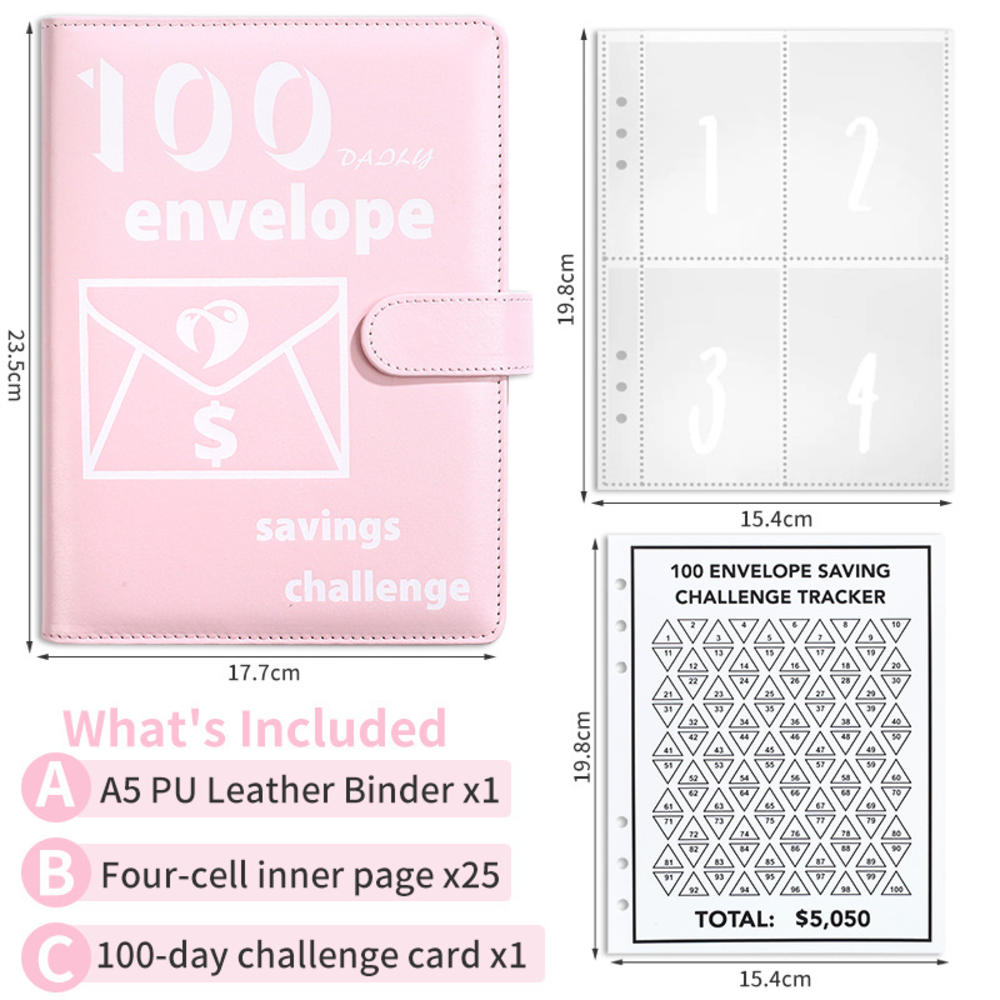 23.5*17.7CM Envelope challenge binder Innovative PU 100 Envelope Challenge Budget binder for Personal finance management Saving for a specific goal Family budgeting. 