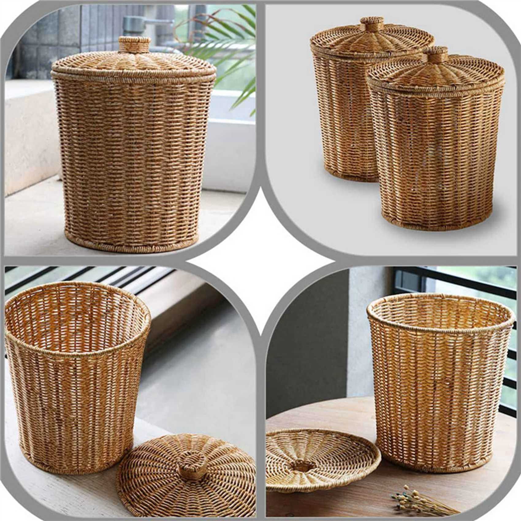 2X Woven Basket Trash Can Round Rattan Waste Basket with Lid Planter Woven Storage Baskets Wicker Garbage Bin. 