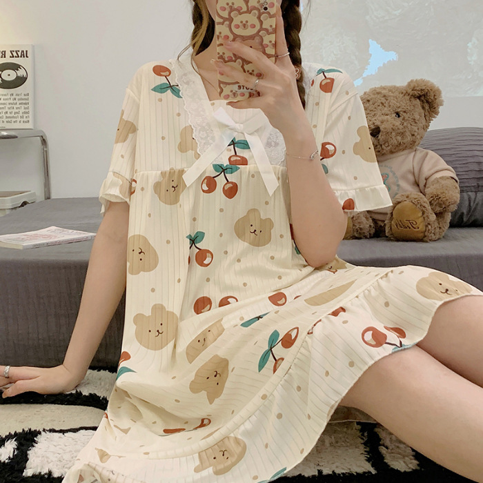 short sleeve nightdress 2023 new summer pajamas women's korean version lace square neck cartoon cute girls loungewear