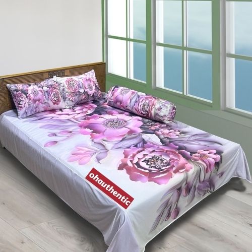 Luxurious King Size 3D Bed Sheet with 2 Pcs Head Pillow and 1Pc Side Pillow Cover Full Combo. 