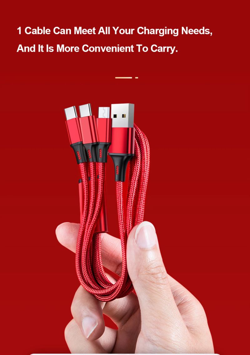 1.2M 3 in 1 Nylon Braided 3A Fast Charging USB Cable for Micro USB/ Type-C/ Lightning Factory Sale Price - Multi Plug - Multi Plug. 