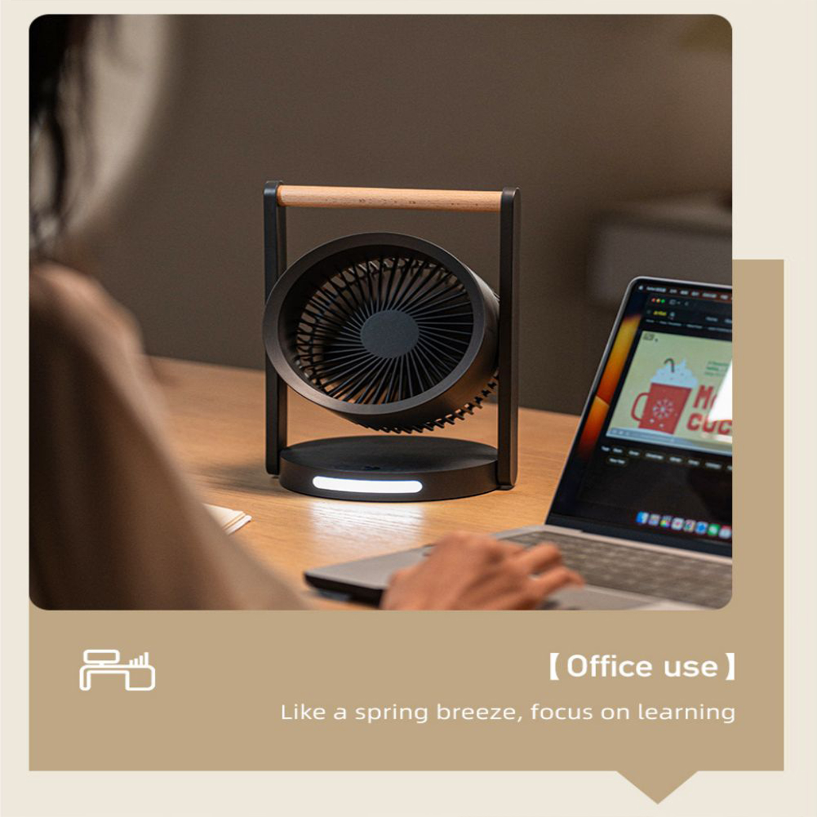 GC Mini Desk Fan, 90° Rotate Table Fan, Quiet Operation Table Fan With Wooden Handle, LED Night Light, 5 Speeds Strong Air, LED Battery Level Display. 