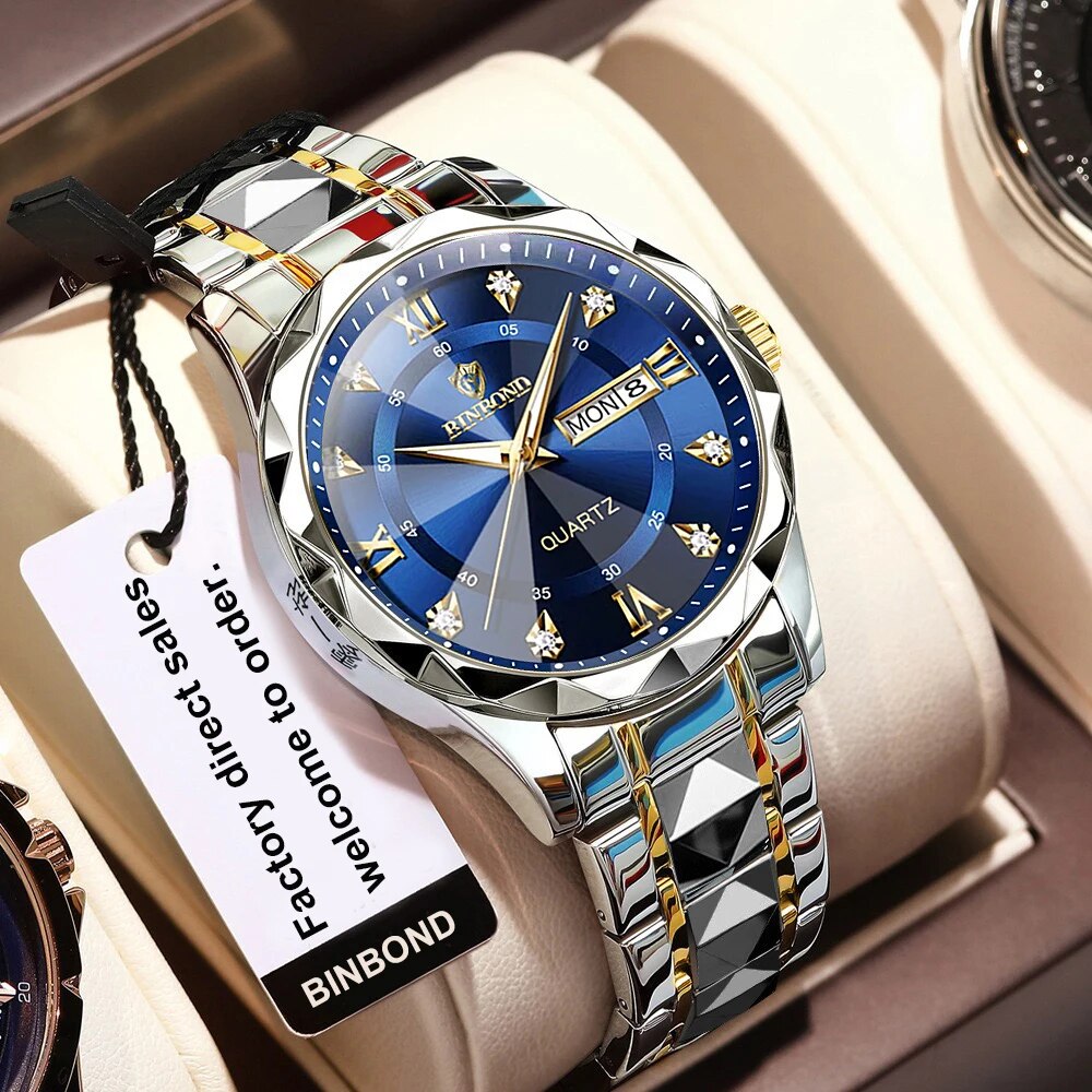 BINBOND Men Watch Stainless Steel Top Quailty Luxury Push Button Hidden Clasp Waterproof Luminous Date Week Sport Wrist Watches. 