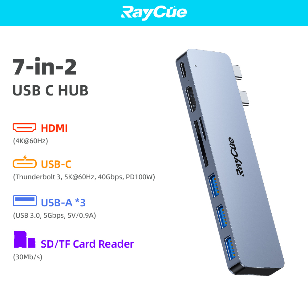 RayCue USB-C Hub for MacBook Pro Air 7-in-2 USB Docking Station Thunderbolt Dock 4K HDMI-compatible Adapter for M1 M2 Laptop. 