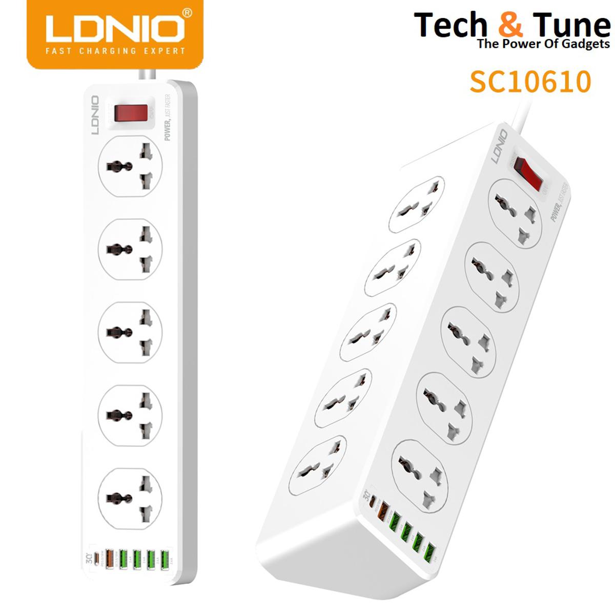 LDNIO SC10610 Extension Cord with 2500W 10 Sockets and 1 Type-C PD Plus QC3.0 Quick Charge 5 USB Ports Desktop USB Extension Home Charger with 2M EU Plug Power Cord SC10610 Socket Port Plugs. 