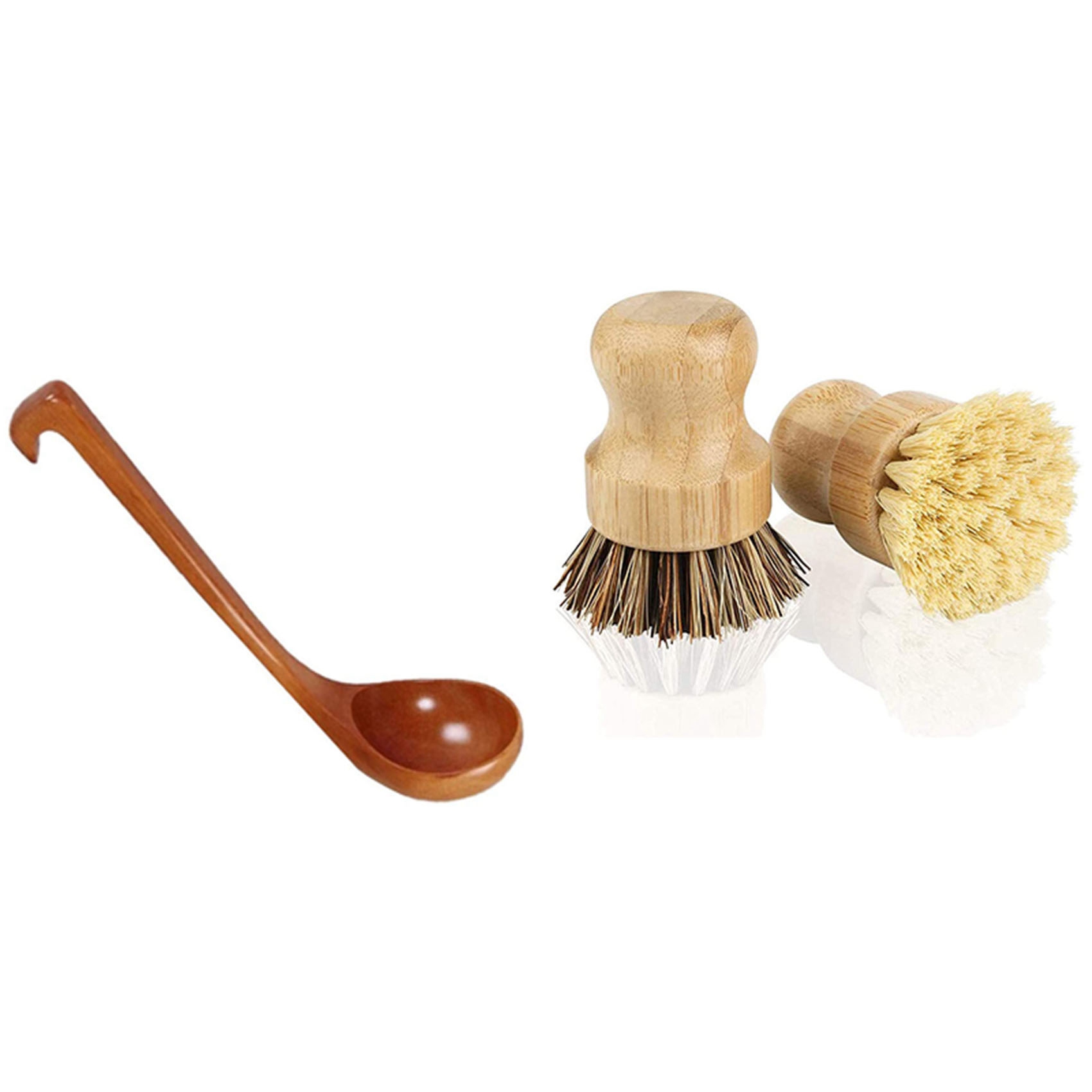 2Pcs Bamboo Mini Scrub Brush Pot Brushes Dish Scrubber with Wooden Soup Spoon,Bamboo Spoon Classic Wooden Soup Ladle