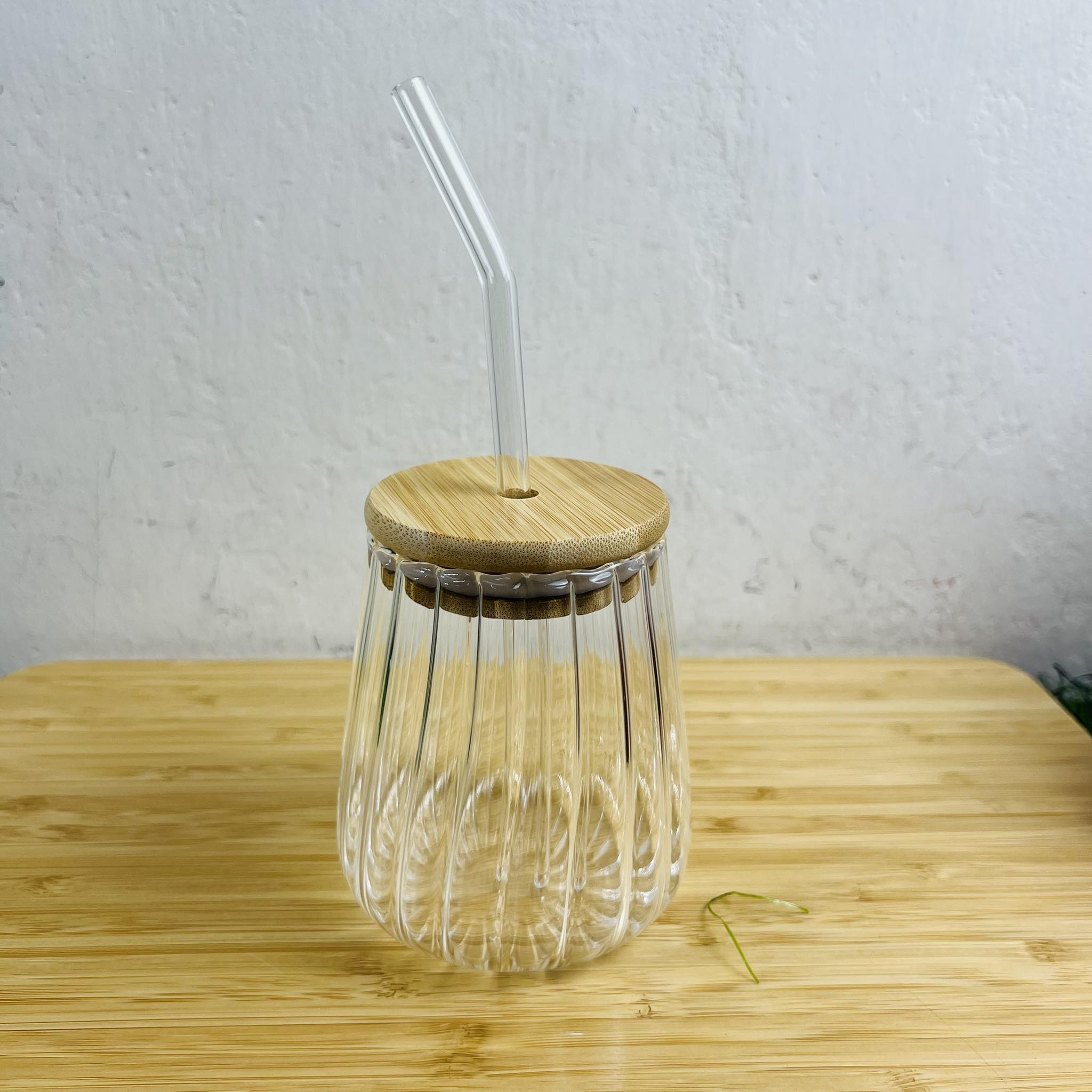 450ml Stripe Glass  Mason Jar wtih Bamboo Lid and Straw. 