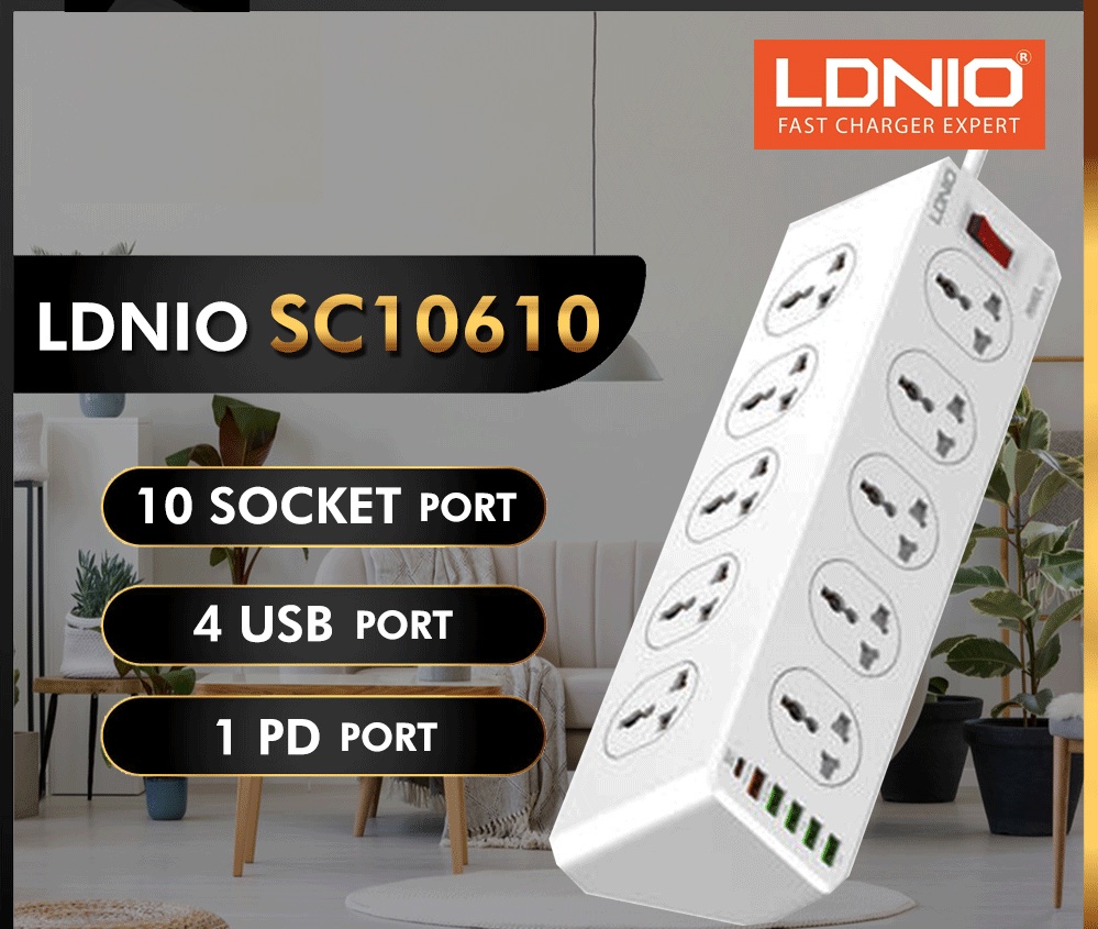 LDNIO SC10610 Extension Cord with 2500W 10 Sockets and 1 Type-C PD Plus QC3.0 Quick Charge 5 USB Ports Desktop USB Extension Home Charger with 2M EU Plug Power Cord SC10610 Socket Port Plugs. 