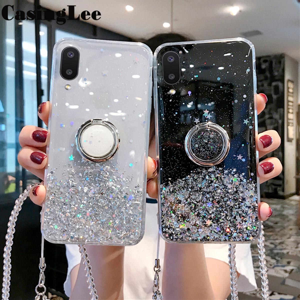 Casinglee for Samsung Galaxy A01 case Shiny Ring Glitter Soft Transparent Holder Stand Back cover with String for Samsung A01 Phone cases cover Stars Moon Girls