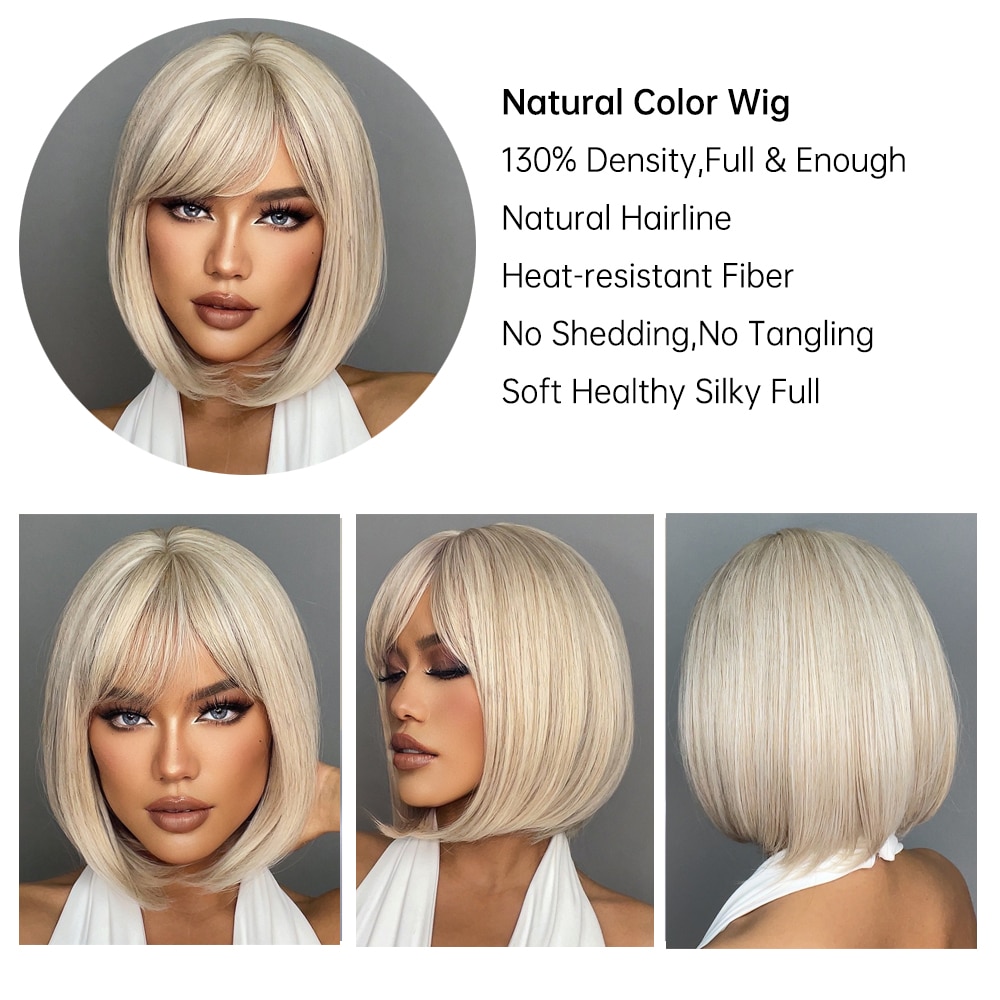 White Blonde Gray Synthetic Wigs with Bangs Short Straight Bob Hair Wig for Women Cosplay Daily Natural Hair Heat Resistant. 