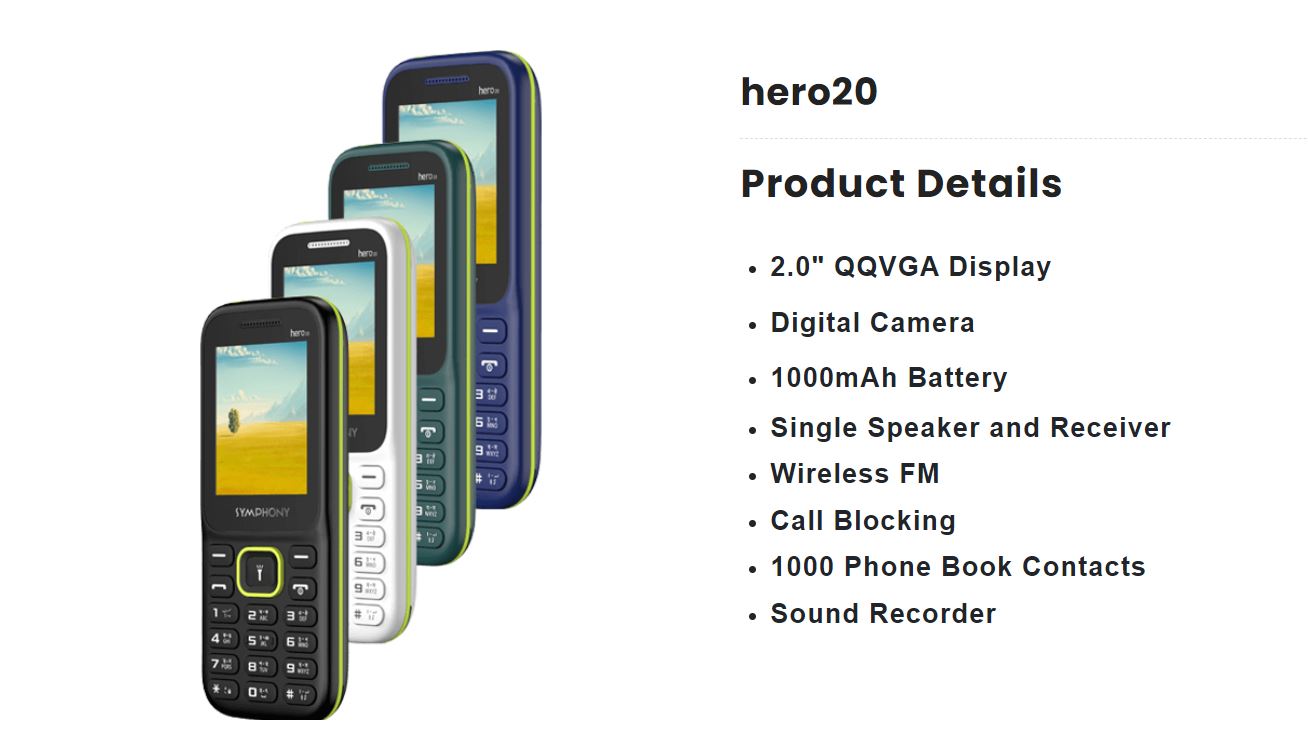 Symphony Hero 20 , Dual Regular SIM , Li-ion Battery Capacity 1000mAh,  Handset, Battery, Charger, Warranty Card Feature Phone - Official |  Daraz.com.bd