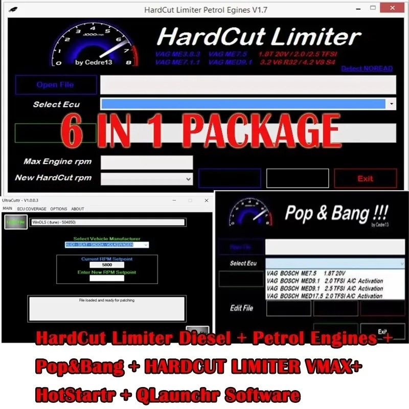 Car ECU Remaping Software Hard Cut Limiter Diesel + Petrol Engines + Pop&Bang + HARDCUT LIMITER VMAX+ HotStartr + QLaunchr Software6 IN 1 PACKAGE. 
