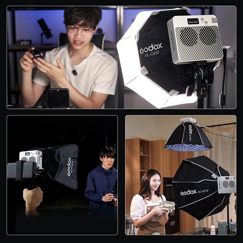 Godox ML100Bi LED ışıkları aksesuarları ML-CS30 ML-SF3030 sekizgen Softbox ML-L36 Lens reflektör ML-GB Bowens montaj adaptörü AK-B02. 