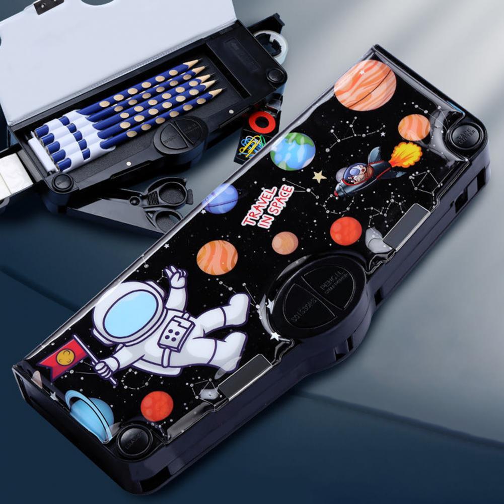 Innovative Pencil Box School Timetable Tidy Name Tag Cartoon Astronaut Pattern Student Double Layer Stationery Holder. 