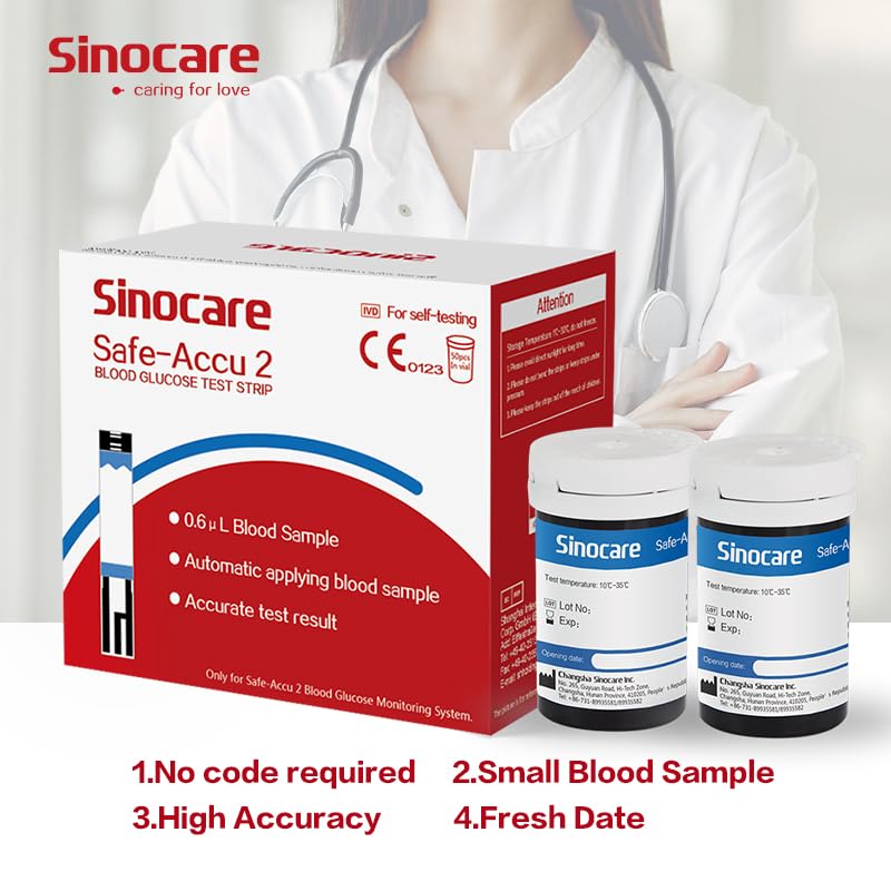 Sinocare (Safe Accu2) Blood Sugar Test Strips 50 pcs No Code/ Blood Glucose Test Strips with Lancing Devices x 50 / only for sinocare Safe Accu2 Blood Glucose Monitor. 