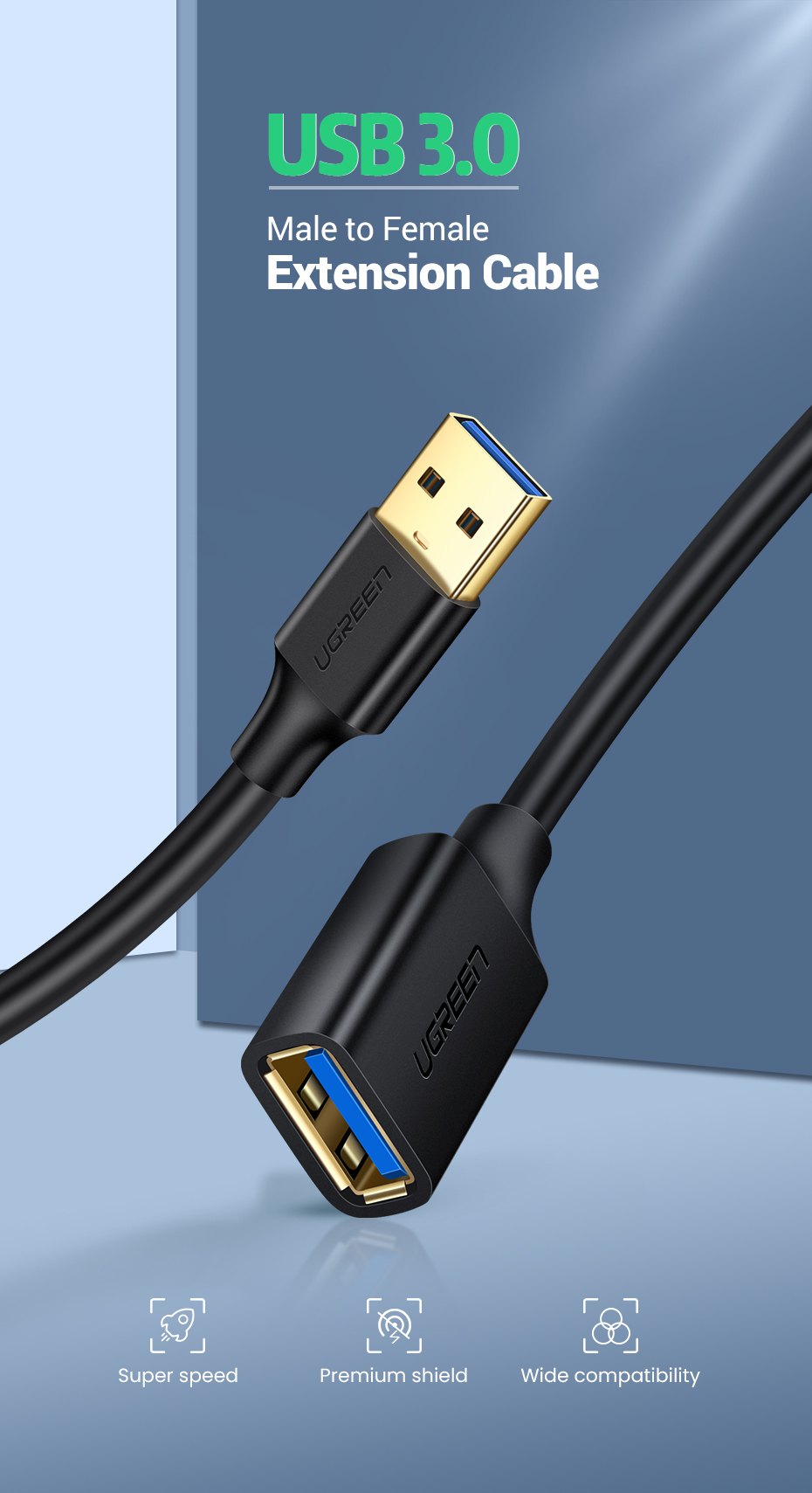 UGREEN 90722 USB 3.0  Extension Male Cable 5m  (Black) #US129 - USB 3.0 Extension Cable - Easy-reach extension cable -  5Gbps data transfer - Environmentally friendly - Universal Compatibility, no drivers required on any OS and Windows system. 