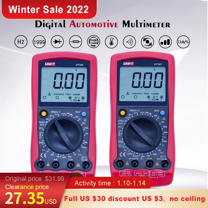 UNI-T UT105 UT107 Automobile Digital Multimeter;DC voltage DC current meter;Ohm Diode tester;Engine speed Measure Dwell/Tach. 